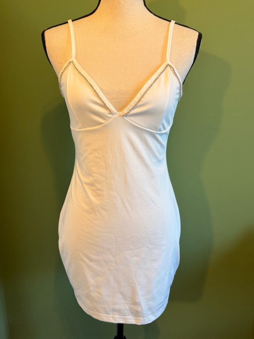 White Slip Dress with Delicate embellished  rhinestone Trim and back heartdetail